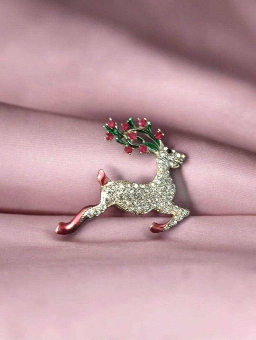 Festive Crystal Reindeer Brooch in Red, Green and Gold